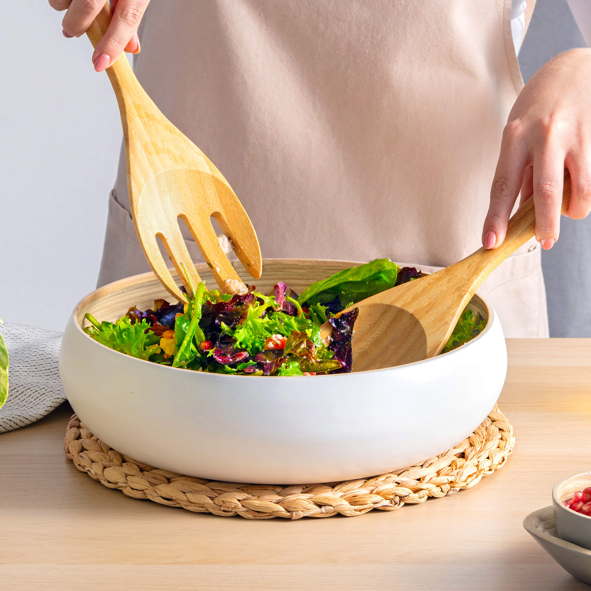 Dehaus Bamboo Wooden Kitchen Utensils Set, Cooking Spoons, Salad Servers with a Large Round White Bamboo Wooden Fruit Bowl, Salad Bowl, Bread Basket or Snack Bowl