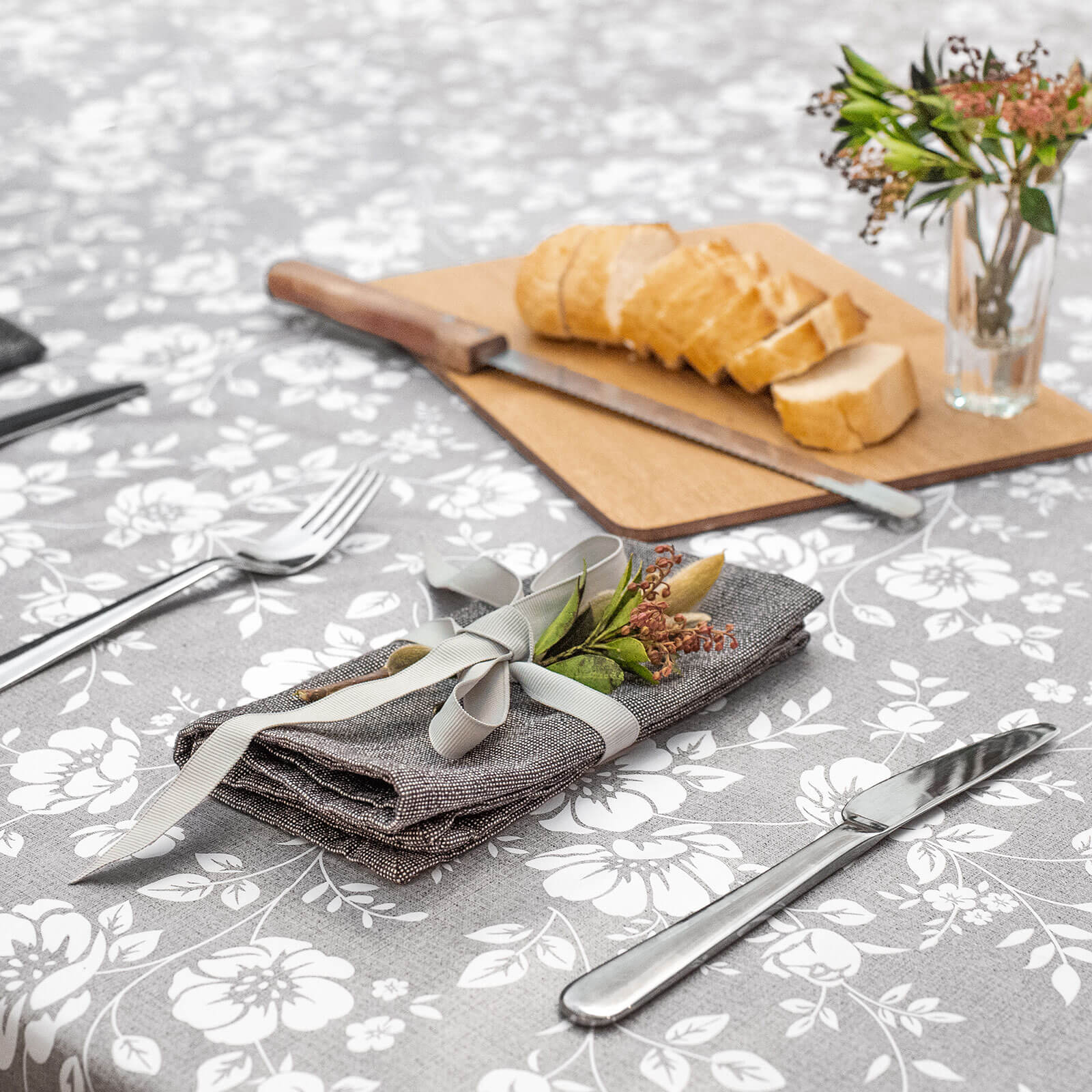 Dehaus Grey Wipe Clean Rectangular Table Cloth, Wipeable Outdoor Square or Round Tablecloth Floral Bloom