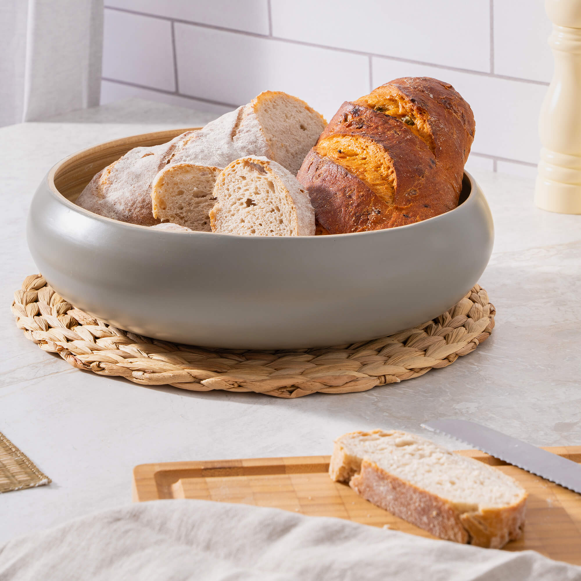 Dehaus Large Round Grey Bamboo Wooden Fruit Bowl, Salad Bowl, Bread Basket or Snack Bowl