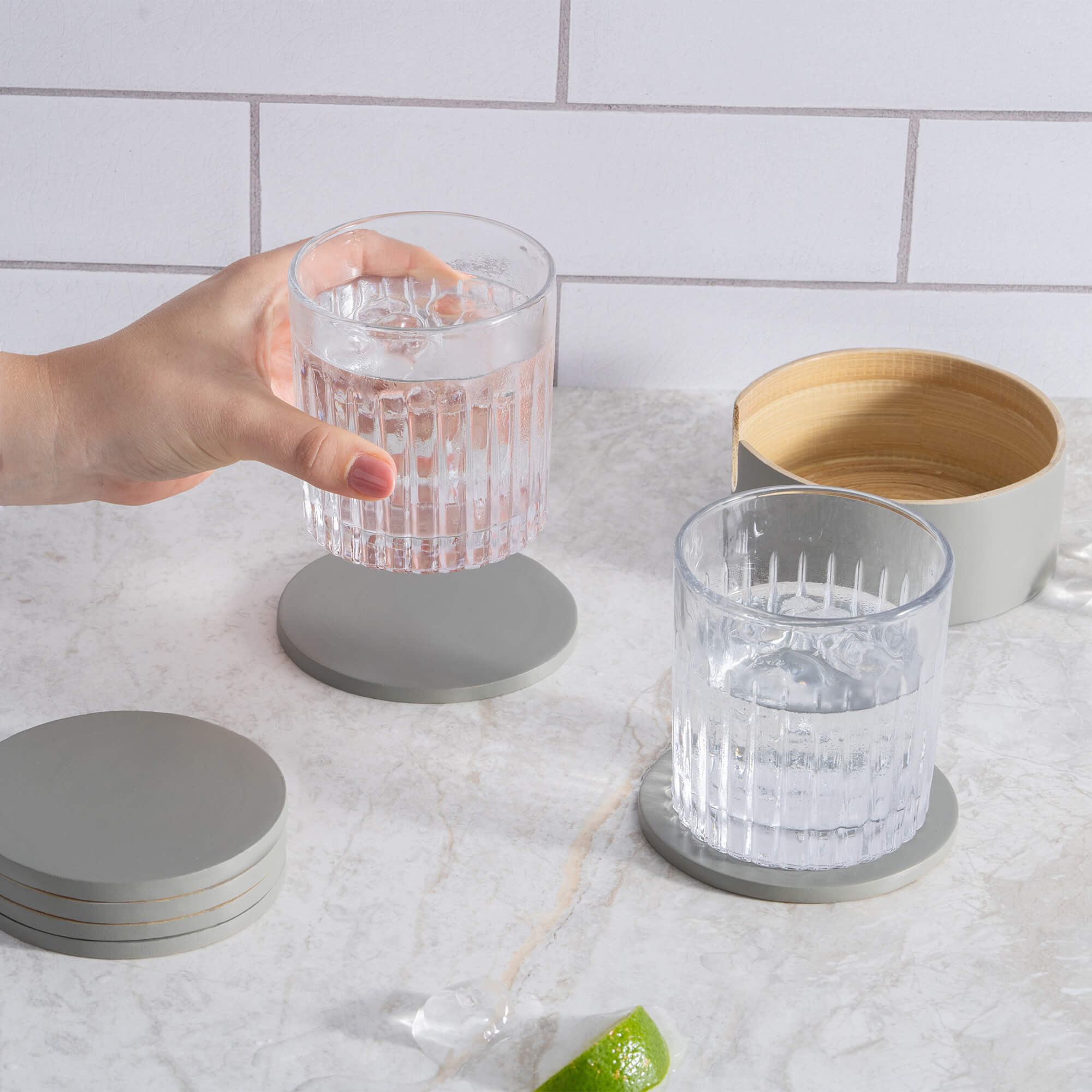 Dehaus Set of 6 Grey Round Bamboo Modern Reversible Drink Coasters with Wooden Holder