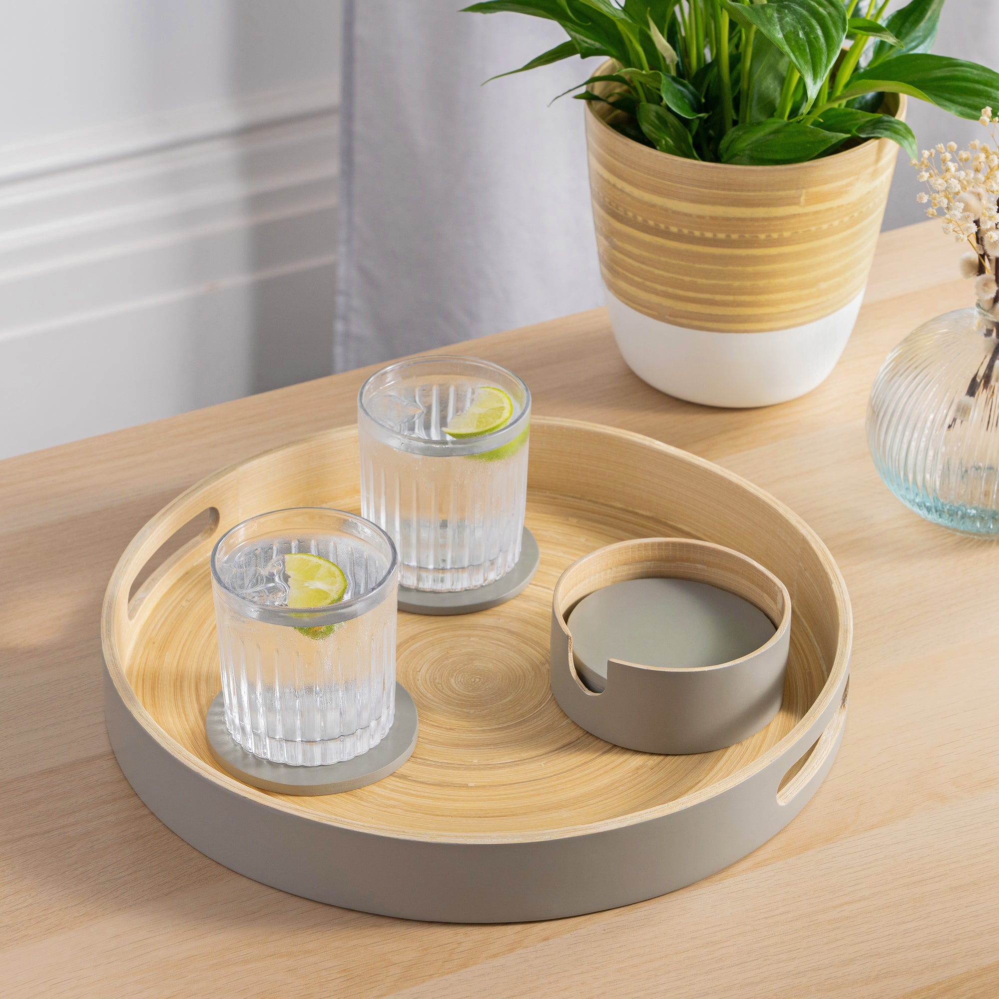 Dehaus Set of 6 Stylish Grey Spun Bamboo Coasters with Holder, Handmade Round Wooden Coaster Set (Grey/Natural) Coasters Dehaus Ltd.