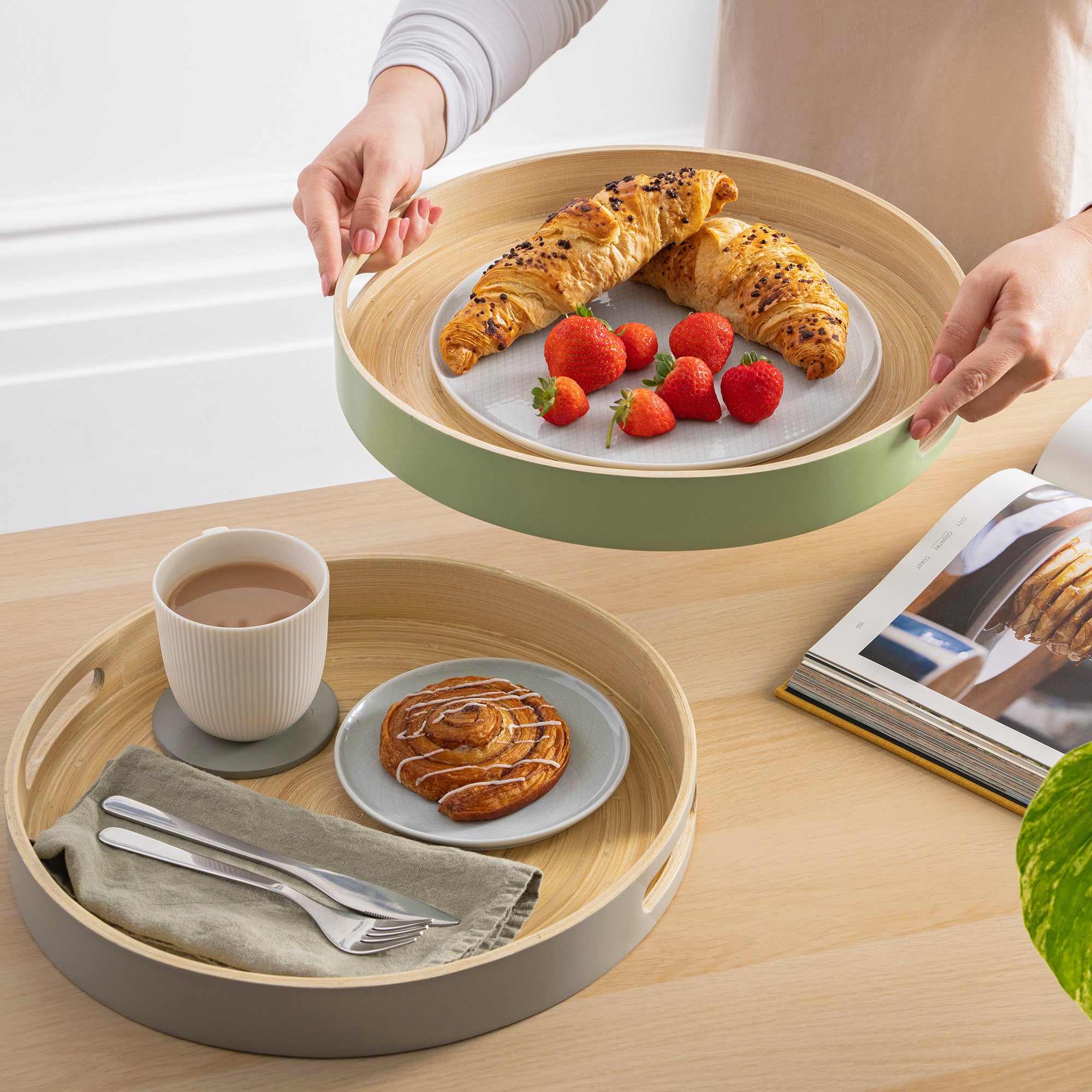 Dehaus Round Handmade Bamboo Wooden Tray With Handles, 35cm Diameter - Grey Trays Dehaus Ltd.