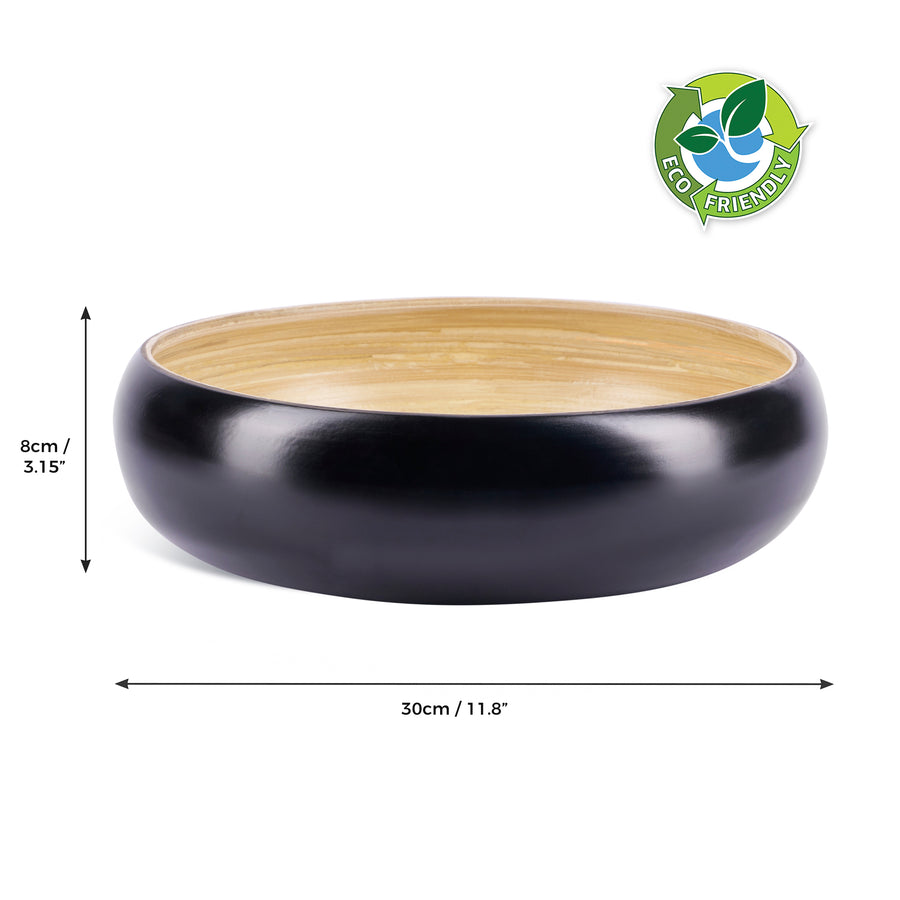 Dehaus Large Round Eco-Friendly Spun Bamboo Bowl, 30cm x 8cm – Black