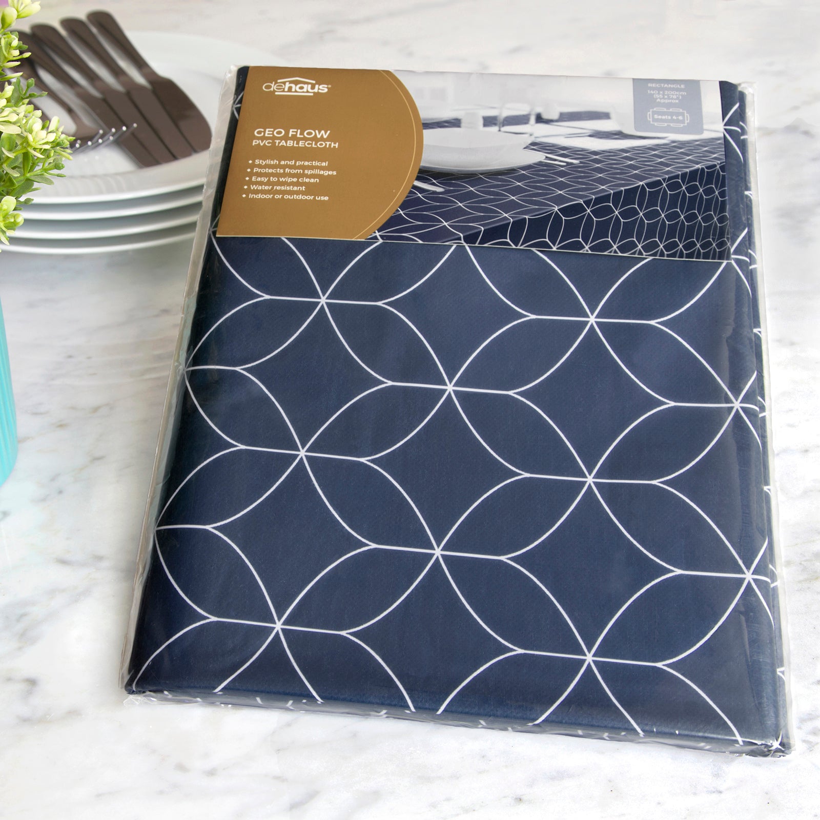 Dehaus Geo Flow Wipe Clean PVC Table Cloth - Navy Blue PVC Tablecloth Dehaus Ltd
