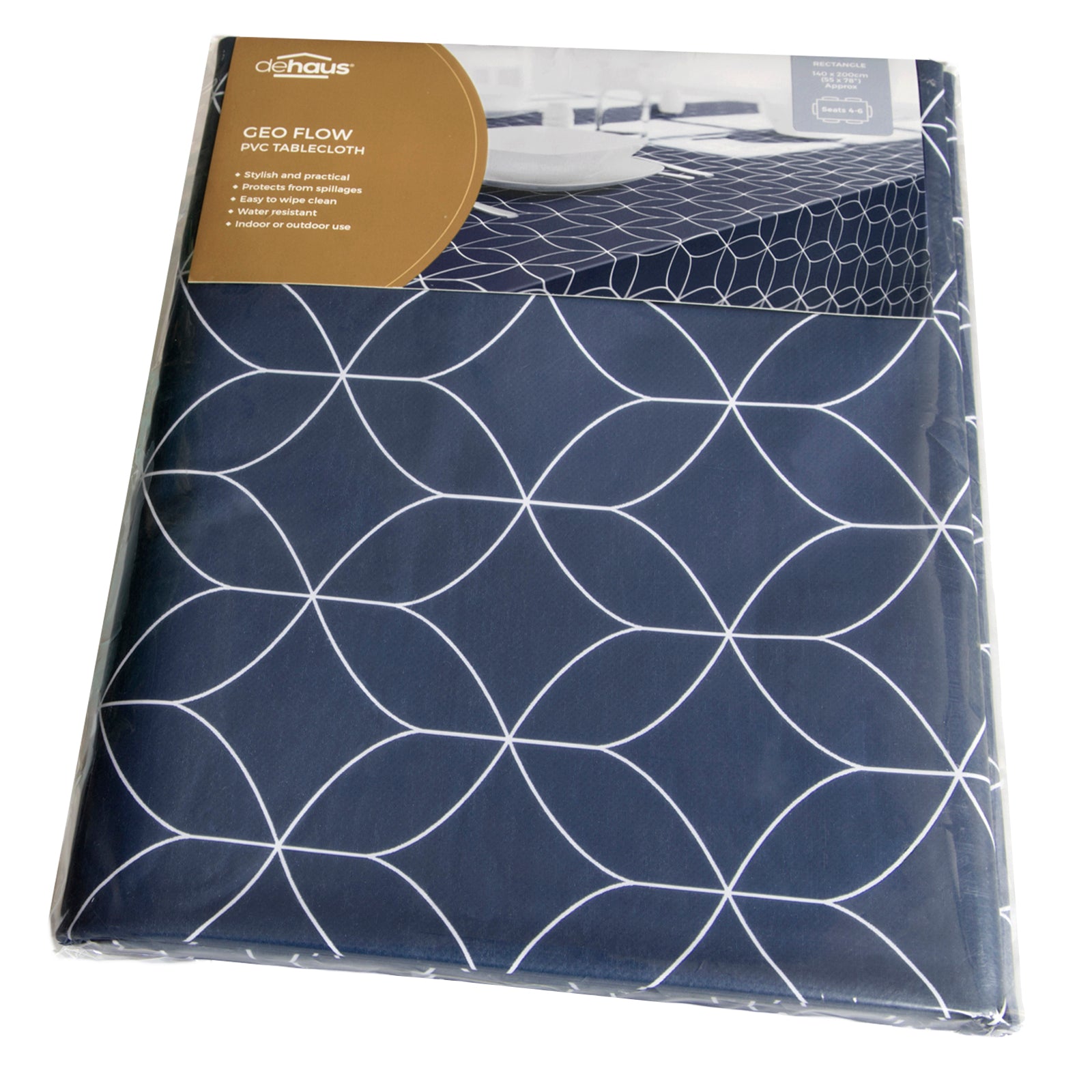 Dehaus Geo Flow Wipe Clean PVC Table Cloth - Navy Blue PVC Tablecloth Dehaus Ltd