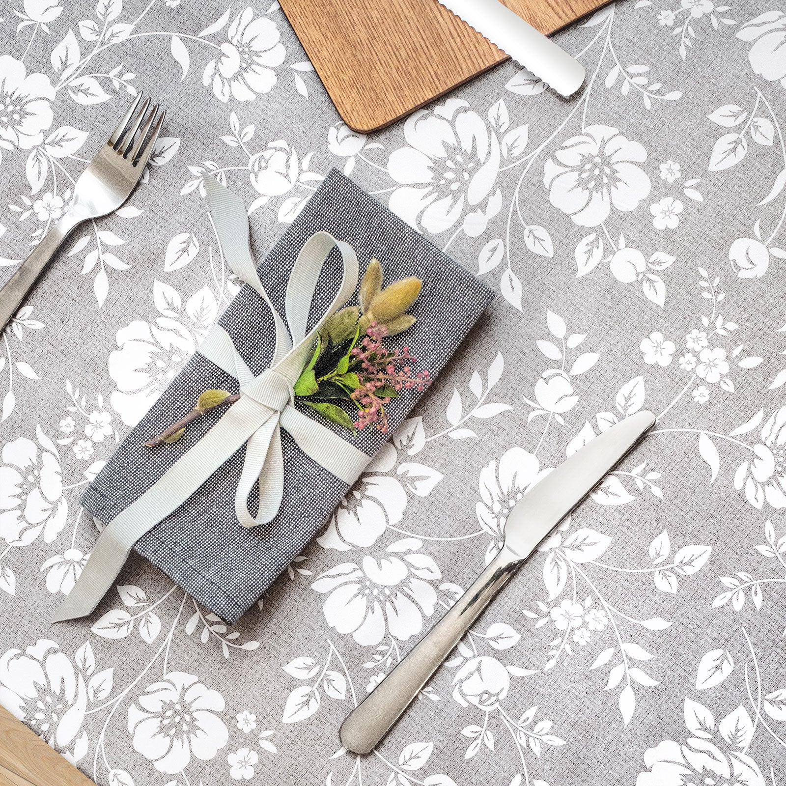 Dehaus Grey Wipe Clean PVC Table Cloth (Floral Bloom) PVC Tablecloth Dehaus Ltd