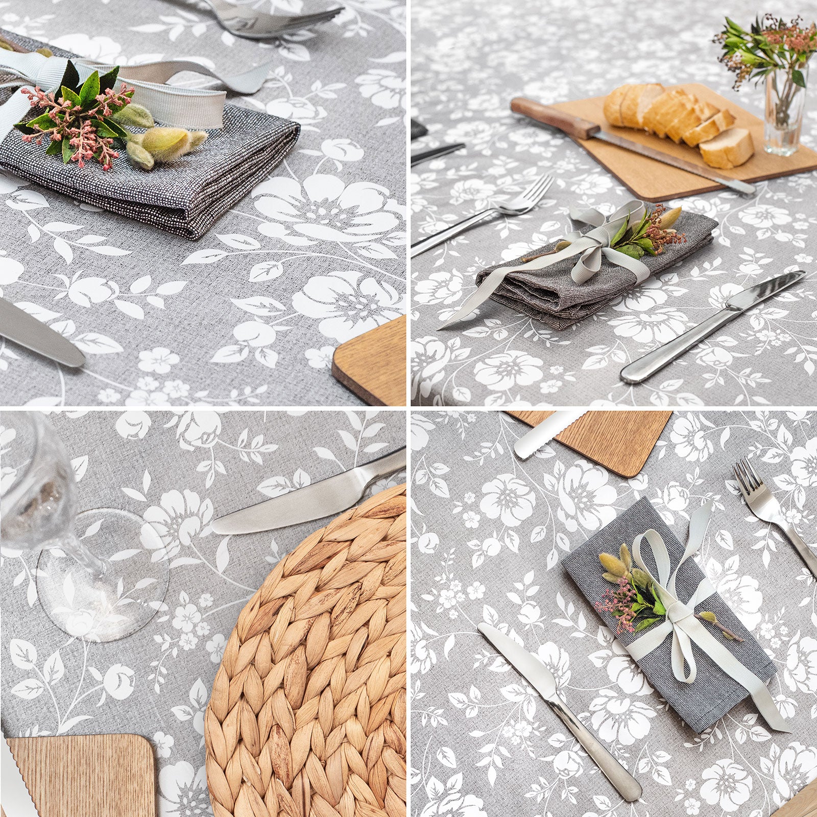 Dehaus Grey Wipe Clean PVC Table Cloth (Floral Bloom) PVC Tablecloth Dehaus Ltd