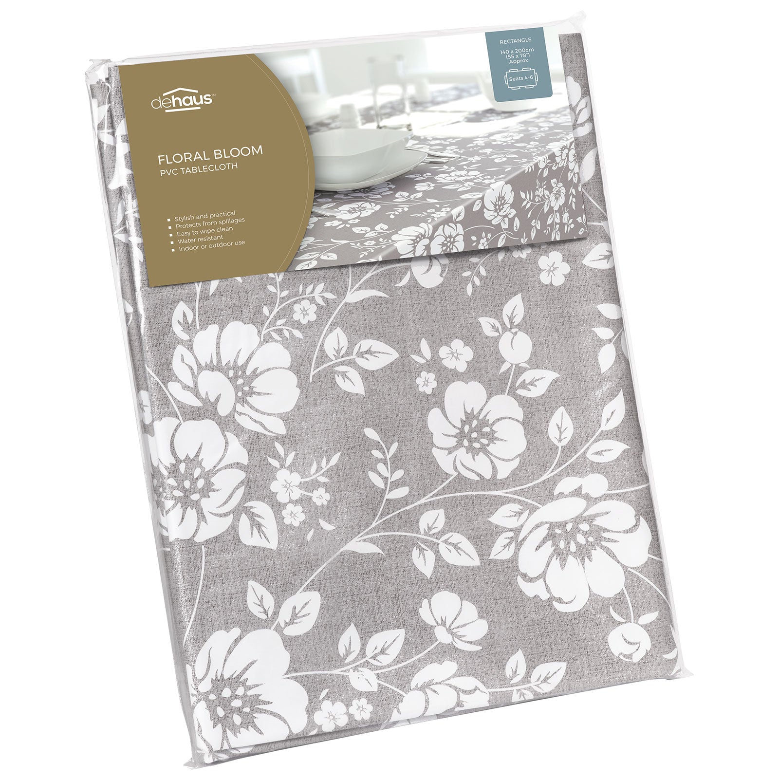 Dehaus Grey Wipe Clean PVC Table Cloth (Floral Bloom) PVC Tablecloth Dehaus Ltd