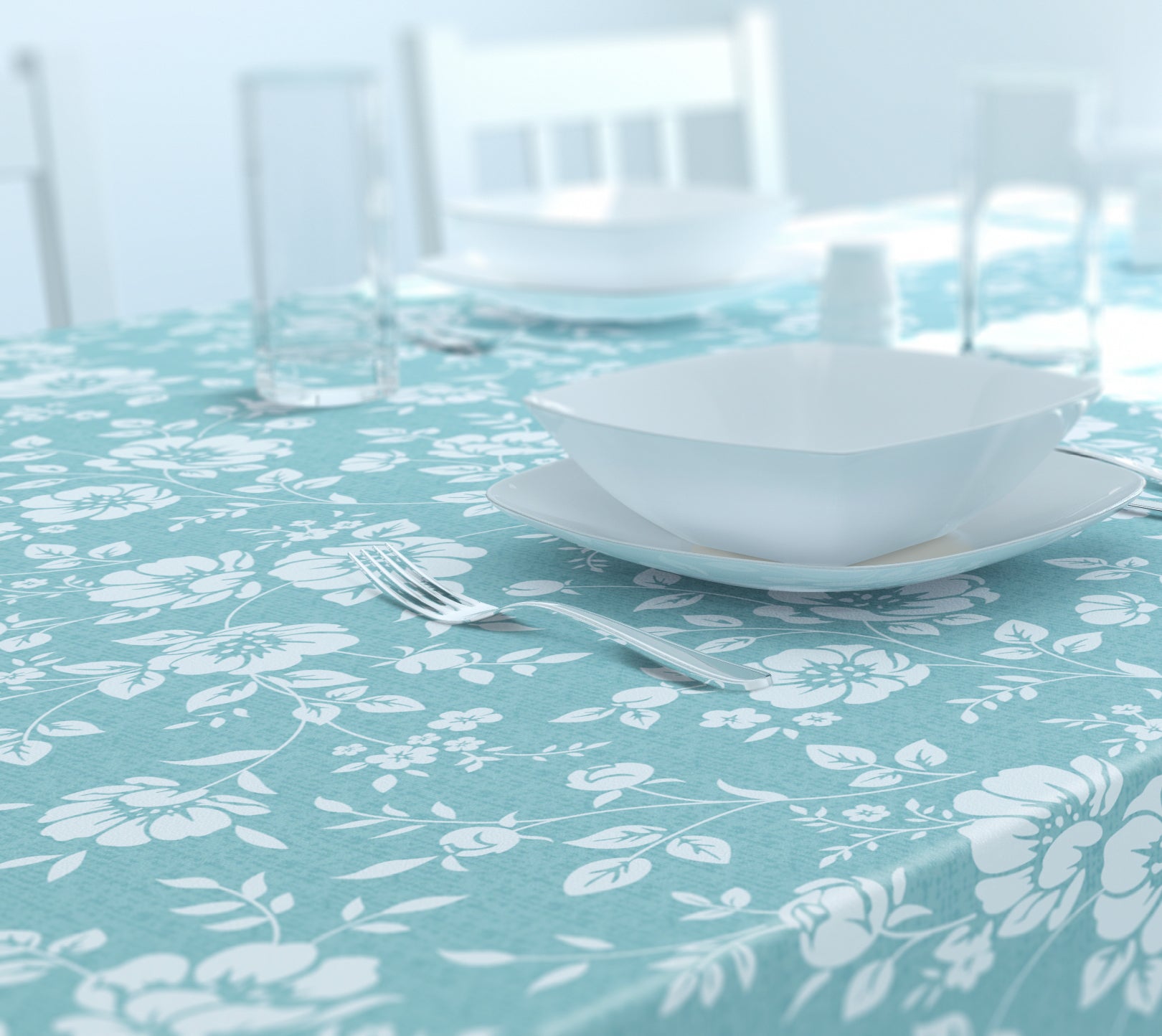 Dehaus Duck Egg Blue Wipe Clean PVC Tablecloth (Floral Bloom) PVC Tablecloth Dehaus Ltd