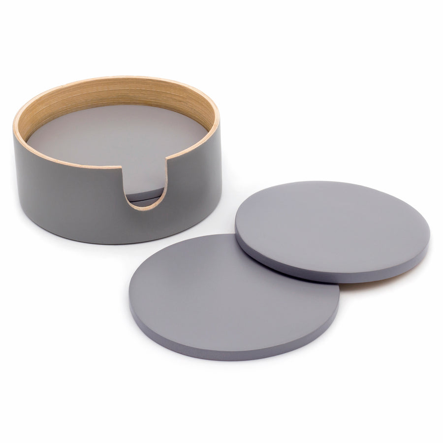 Dehaus Set of 6 Stylish Grey Spun Bamboo Coasters with Holder, Handmade Round Wooden Coaster Set (Grey/Natural)