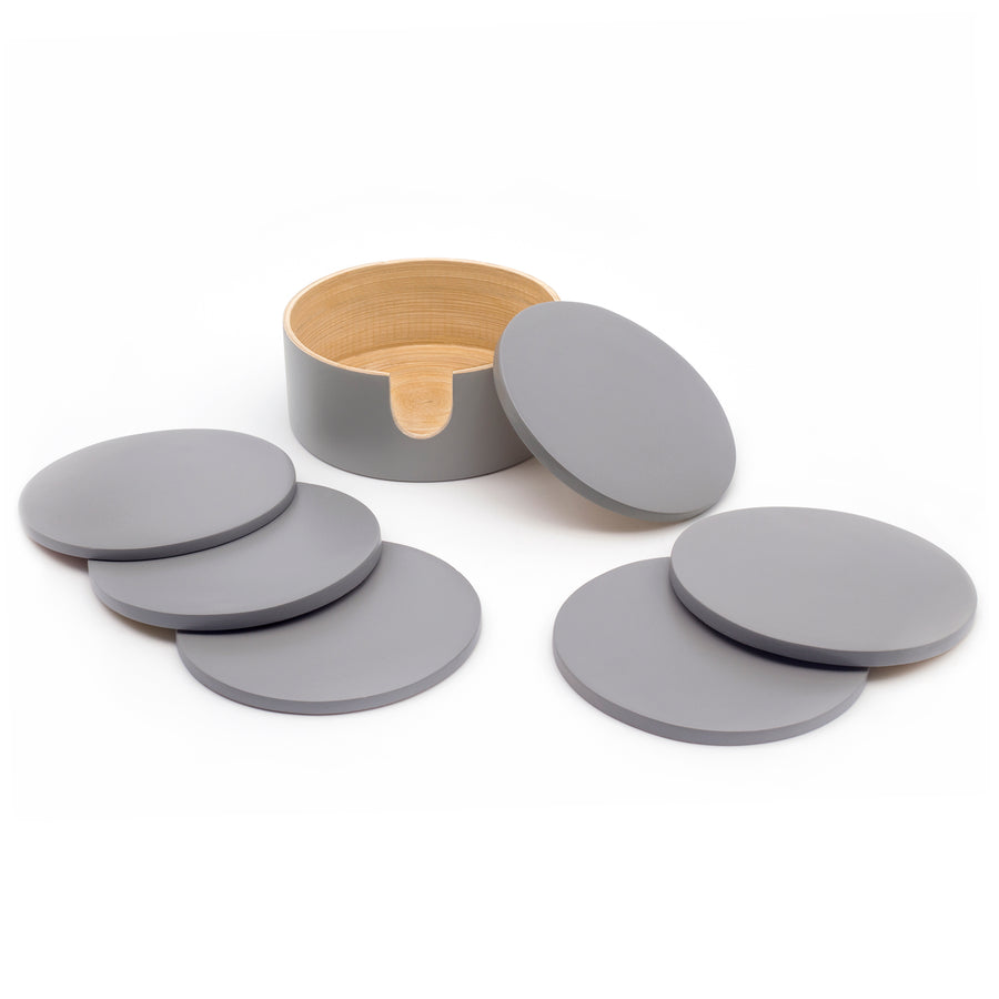 Dehaus Set of 6 Stylish Grey Spun Bamboo Coasters with Holder, Handmade Round Wooden Coaster Set (Grey/Natural)