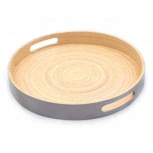 Dehaus Round Handmade Bamboo Wooden Tray With Handles, 35cm Diameter - Grey