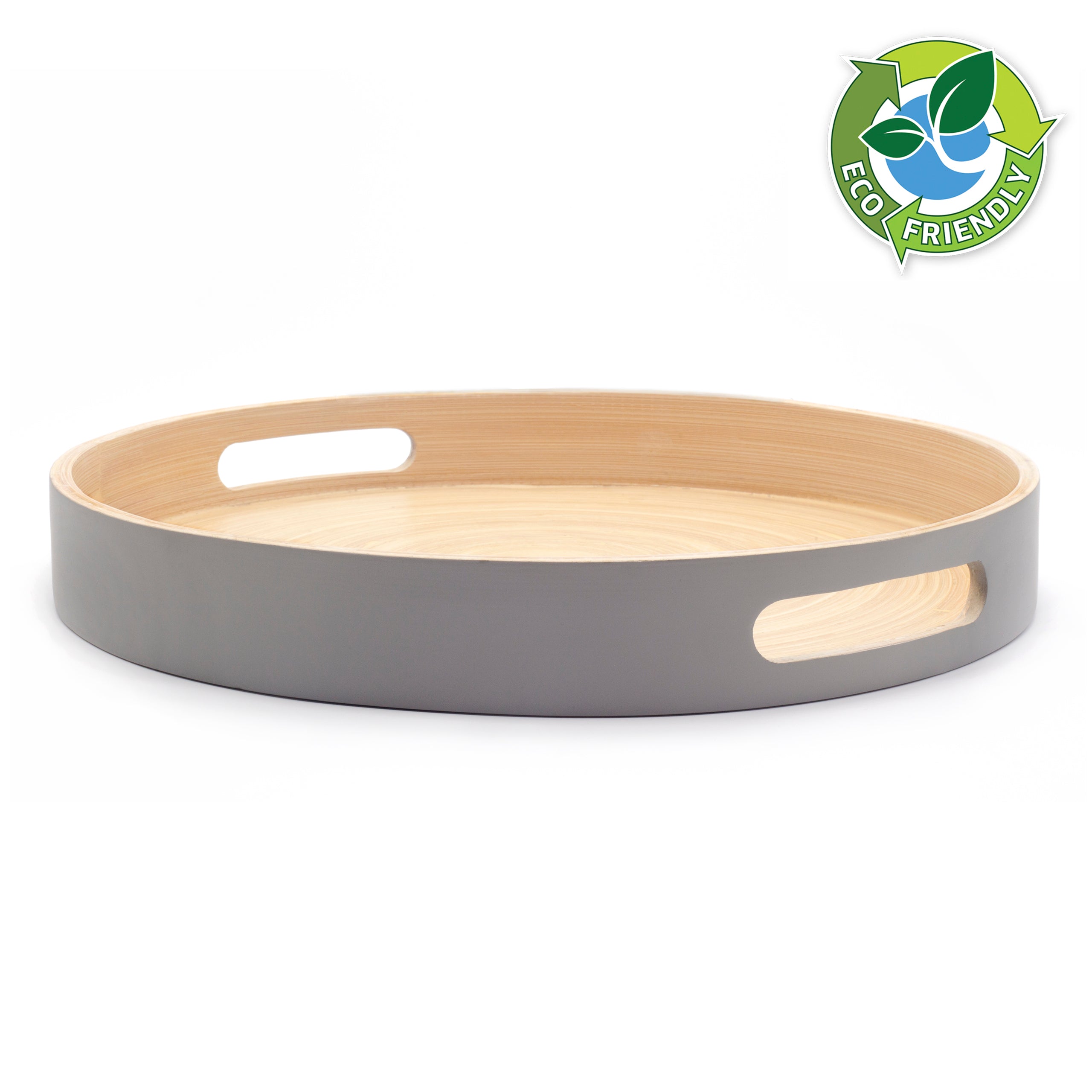 Dehaus Round Handmade Bamboo Wooden Tray With Handles, 35cm Diameter - Grey Trays Dehaus Ltd.