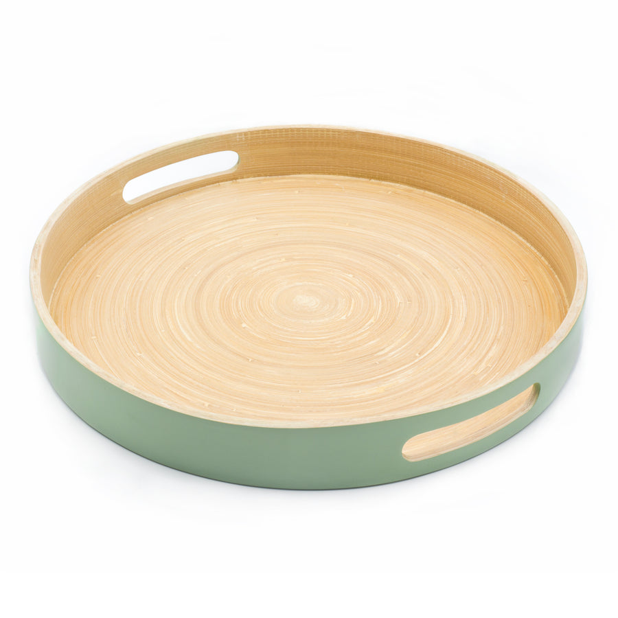 Dehaus Round Handmade Bamboo Wooden Tray With Handles, 35cm Diameter - Sage