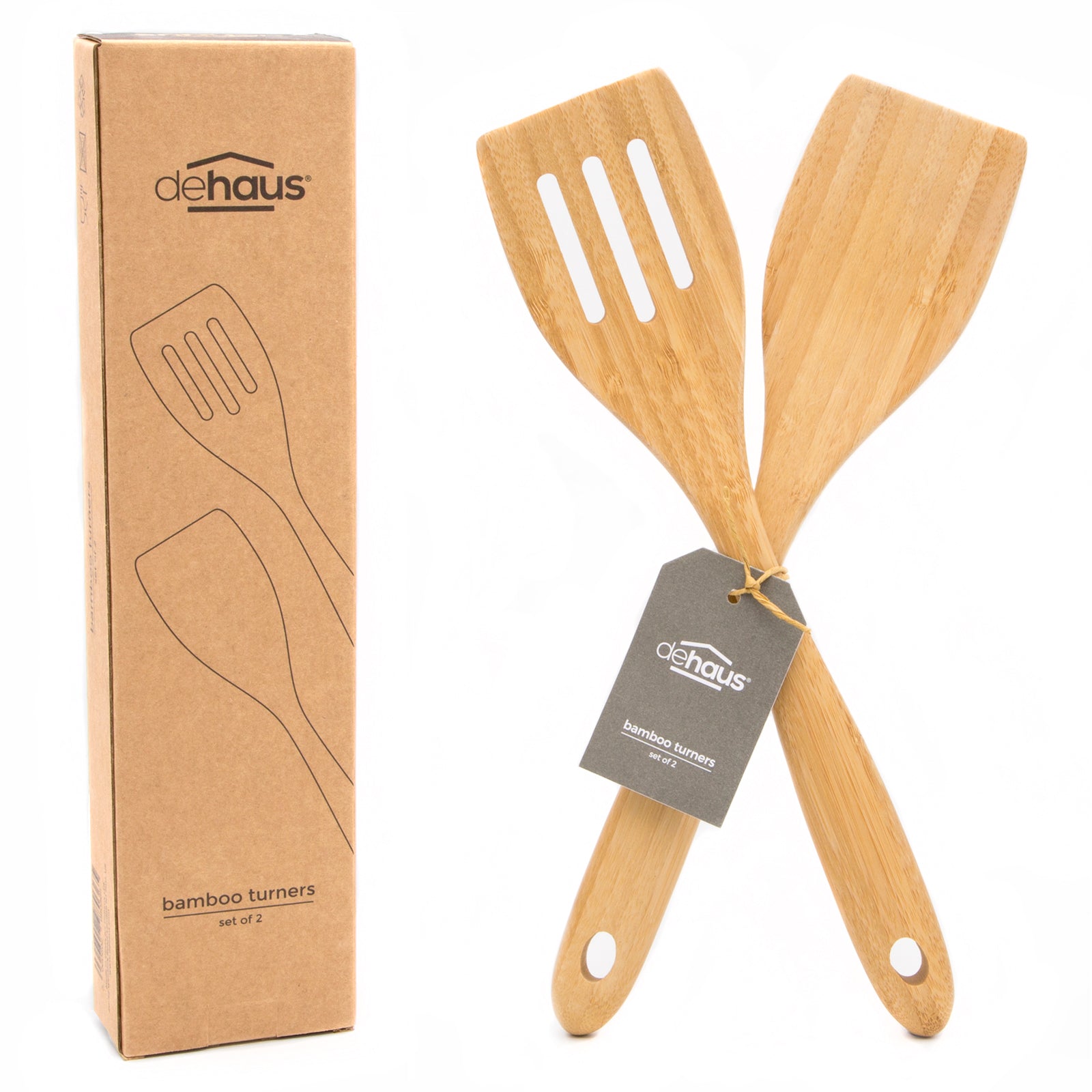 Dehaus Premium Bamboo Turner & Slotted Fish Slice Set of 2, 32cm x 7cm Kitchen Utensils Dehaus Ltd.